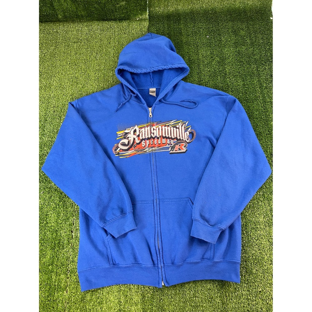 Ransomville‎ Speedway Dirt Track Racing Full Zip Hoodie Blue Mens L Gildan